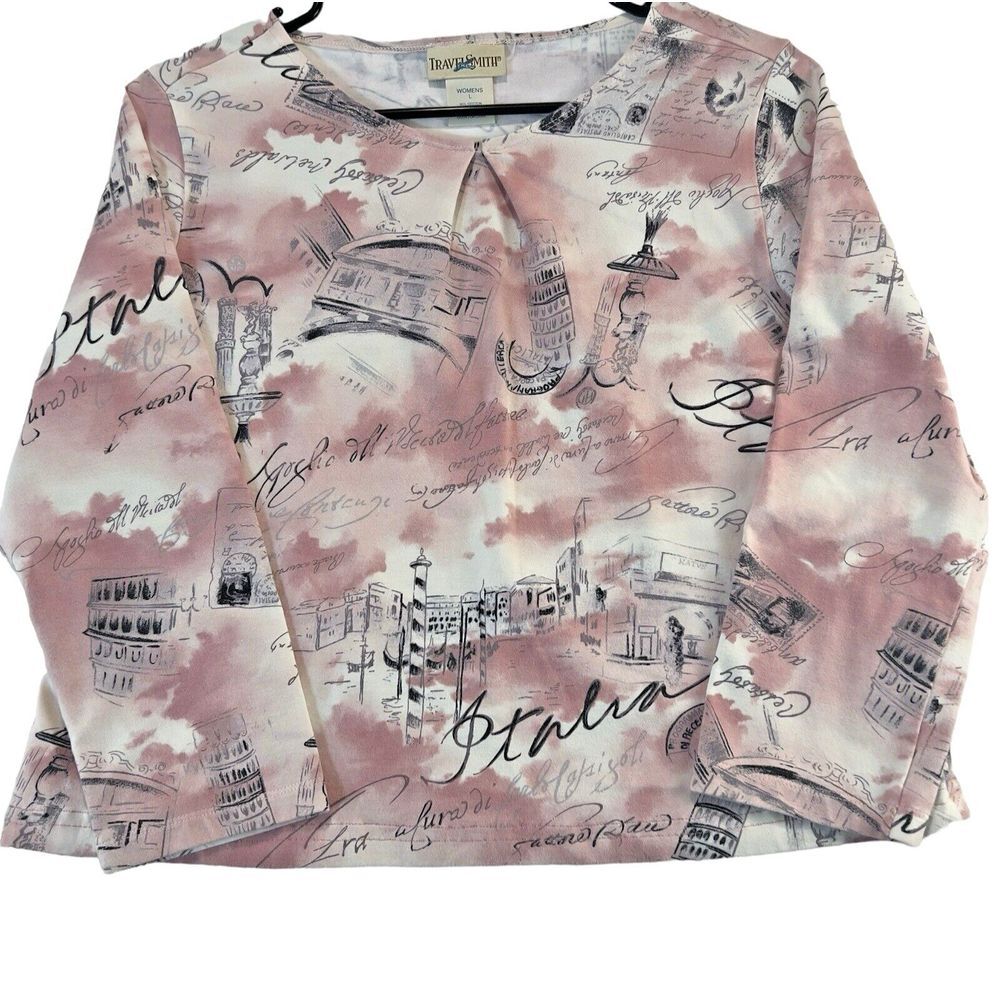 TravelSmith T Shirt Women‎ Sz L Shorter Length Pink/Blk Italia Print 3/4 Sleeve